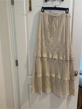 Ultra Pink Crochet Tiered Maxi Skirt in Beige